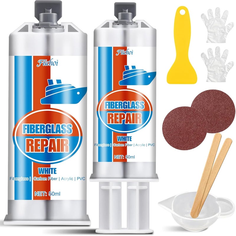 Fuchoi Fiberglass Repair Kit, 100ml White Gel Coat Repair Kit for Boats, Marine Fiberglass Resin Kit for Fixing Holes, Chips, Cracks in Boats, Yacht, Surfboard, Acrylic, Porcelain, Ceramic, Fiberglass Filler - Image 1